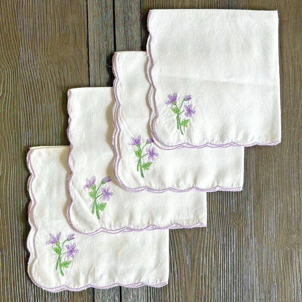 (4) Linen Napkins Scalloped Edge Purple Floral Flowers VNTG Tea Bridal Shower